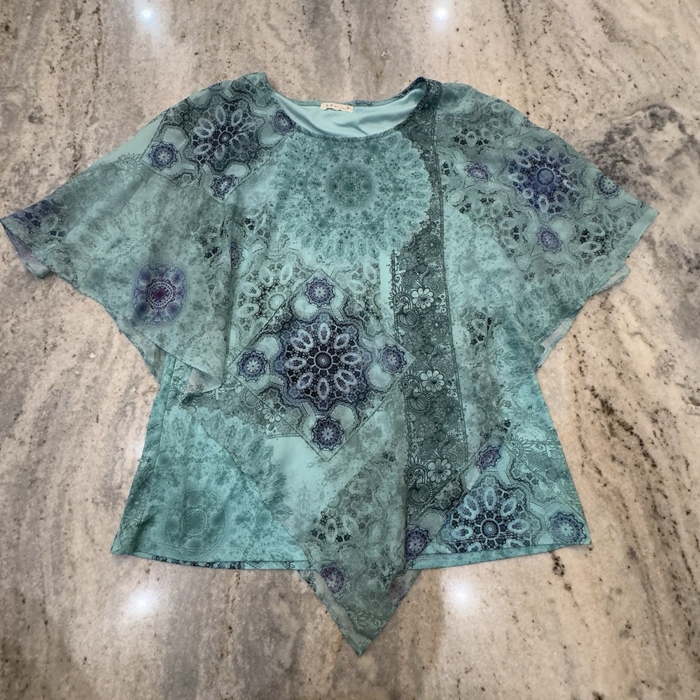 Indigo Soul Blouse Asymmetrical Flowy Sheer Turquoise Blue Fairy Hippie Sz L